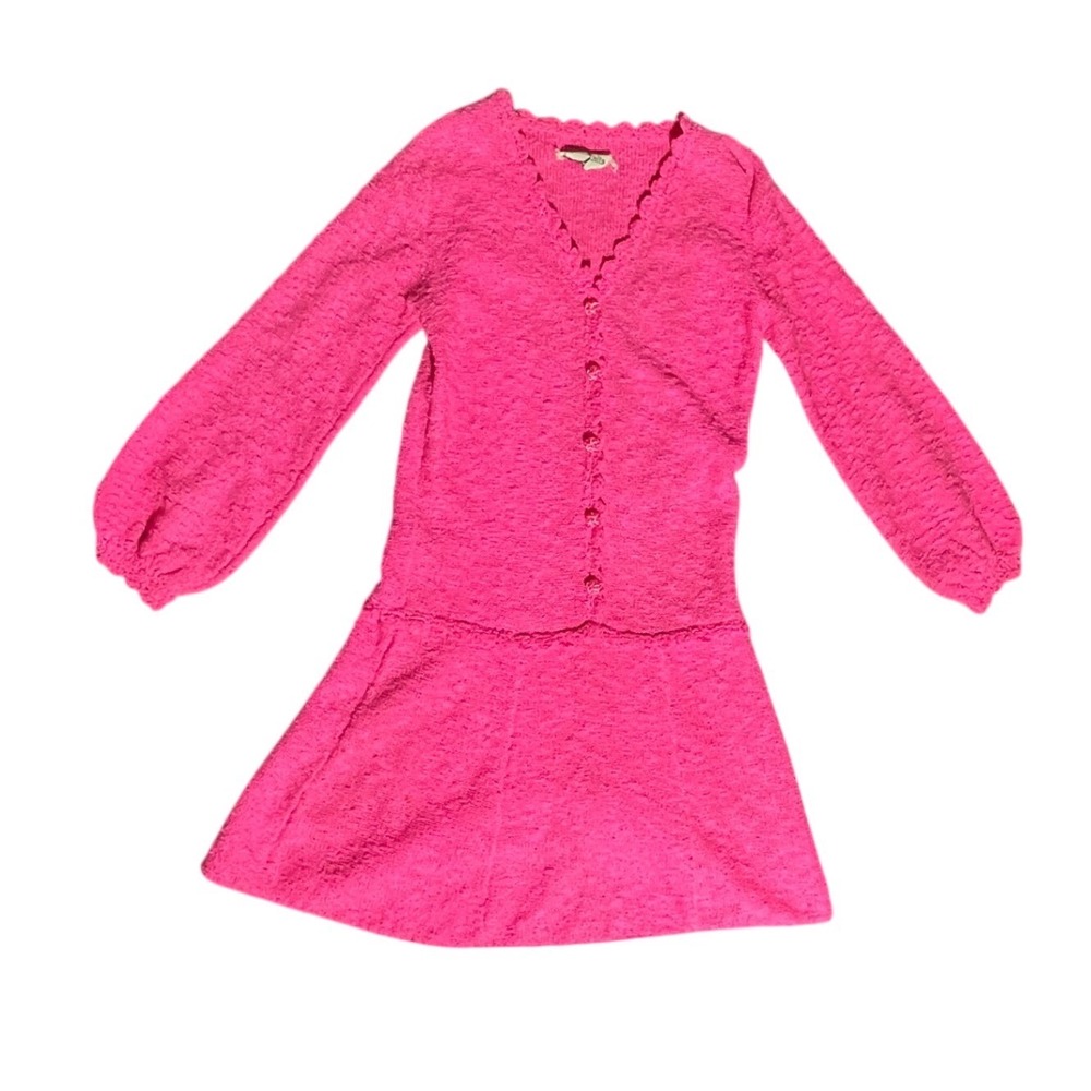 St. John Knits Pink Bouclé Button Front Long Sleeve Dress Women's Small